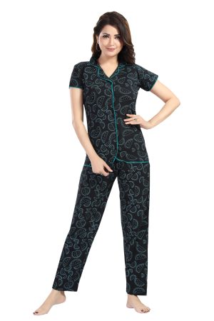 Women's Cotton Printed Collared Nightsuit Set | Soft Collar Design | Front Button Style Modern Print Nightwear Set for Girls