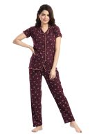 Women's Cotton Printed Collared Nightsuit Set | Soft Collar Design | Front Button Style Modern Print Nightwear Set for Girls