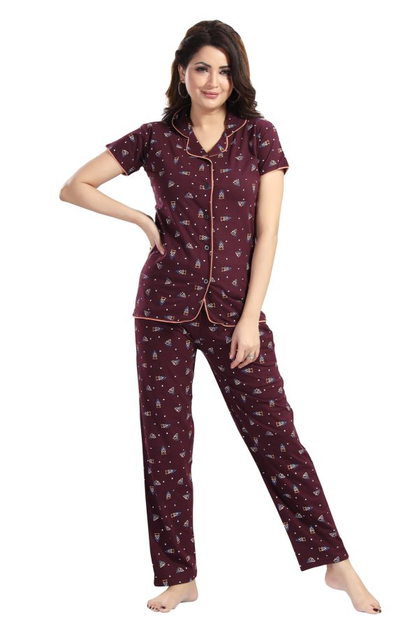 Women's Cotton Printed Collared Nightsuit Set | Soft Collar Design | Front Button Style Modern Print Nightwear Set for Girls - Image 2