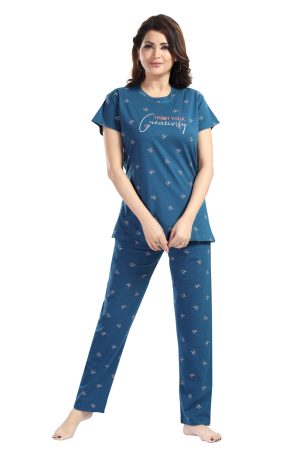 Printed Round Neck Short Sleeve Nightsuit Set | Casual Night Dress for Ladies | Payjama Set For Women