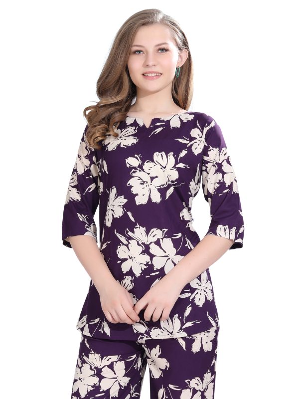 Floral Printed Rayon Co-Ord Set | Stylish Lounge Wear Top & Bottom Set | 3/4 Sleeve Top with Pants