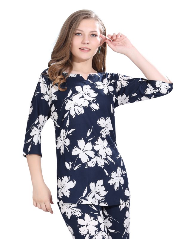 Floral Printed Rayon Co-Ord Set | Stylish Lounge Wear Top & Bottom Set | 3/4 Sleeve Top with Pants - Image 3